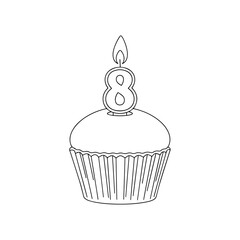 8th birthday cupcake with whipped cream and number 8 candle, isolated vector illustration on white or transparent background
