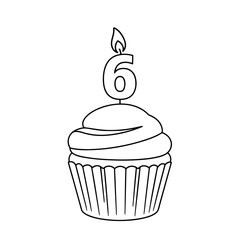 6th birthday cupcake with whipped cream and number 6 candle, isolated vector illustration on white or transparent background