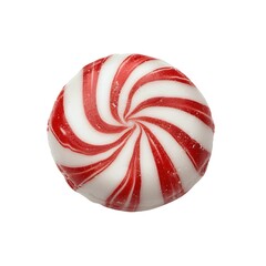 A red and white swirl hard candy is shown from above on a white background