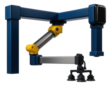 Multi-axis gantry robot with a telescopic arm and suction cups for automotive assembly line tasks