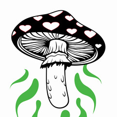 Black and White Mushroom with Hearts and Green Spores Illustration