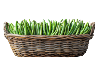 A basket full of green beans is sitting on a white background
