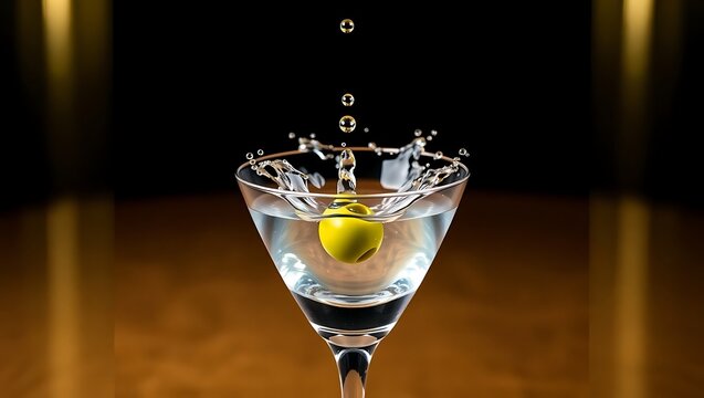 Martini glass with olive and splashing liquid against a dark and golden background in a studio shot - Powered by Adobe