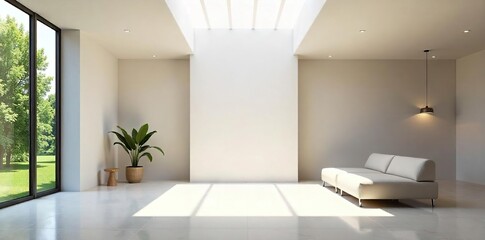 Sunlit Modern Interior Bright Sunlight Streaming Through Skylight, Illuminating Minimalist Home Space - Ideal for Architectural and Interior Design Projects