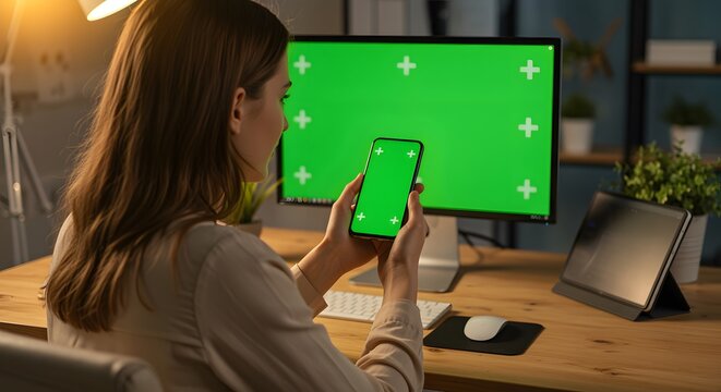 Woman works at her desk with a green screen monitor and holding a smartphone at night, showcasing technology and connectivity for remote work. - Powered by Adobe