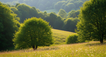 Sunlit meadow with trees in lush green forest. Tranquil summer landscape. Idyllic countryside scene with rolling hills. Nature conservation concept. Peaceful rural view for ecotourism