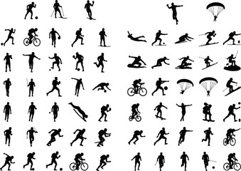 Naklejka premium Comprehensive collection of diverse sport activity silhouettes, showcasing various athletic disciplines, extreme sports, outdoor recreation, and individual fitness pursuits in dynamic poses.