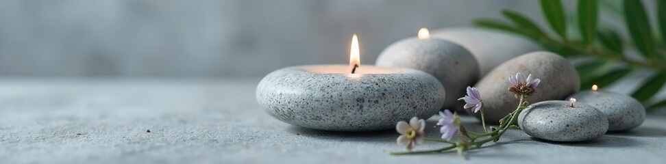 Serene Grey Stone Candle Close-up of a Smooth, Subtly Textured Candle Stone with Natural Veining, Perfect for Spa, Wellness, or Home Decor Imagery