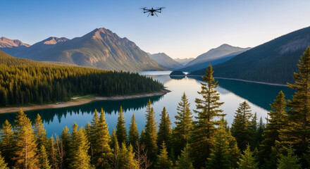 Drone flying over scenic mountain lake with forested islands. Aerial photography of wilderness landscape. Nature exploration and outdoor adventure concept for travel and tourism