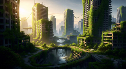 Post-apocalyptic urban landscape with overgrown buildings and river. Abandoned city reclaimed by nature. Futuristic eco-friendly concept art for video game or film. Dystopian scenery.