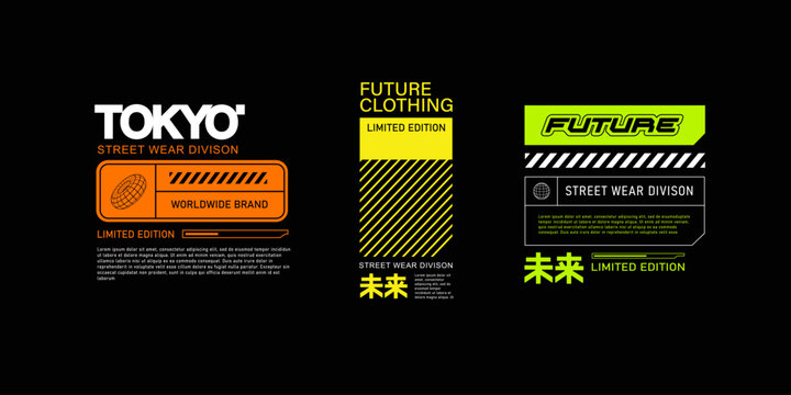 Concept of futuristic abstract logotypes set and sci-fi elements for streetwear fashion, silkscreen and clothing printing design - editable vector background in acid pink colors