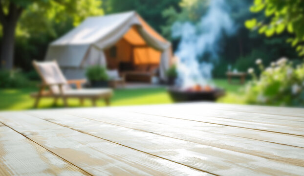Empty table with barbecue grill in garden &ndash; outdoor cooking and camping concept with copy space. Grilling, backyard parties, summer food campaigns or outdoor lifestyle promotions themes.