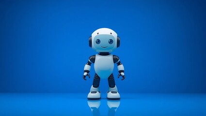 Fototapeta premium A cute white and black robot with blue eyes standing on a blue surface against a blue background