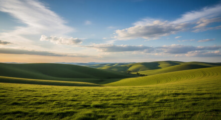 Obraz premium Rolling green hills under blue sky with clouds. Serene countryside landscape. Nature scenery for wallpaper, travel destination. Pastoral view with grassy meadows at sunset.