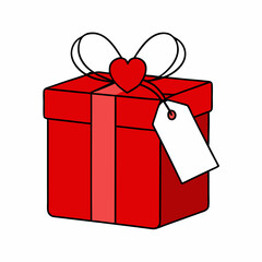Red Gift Box with Ribbon Bow and Heart Tag Vector