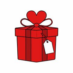 Red Gift Box with Ribbon Bow and Heart Tag Vector