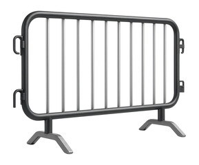 Portable steel crowd control barrier with flat feet for stability on uneven surfaces at a construction site