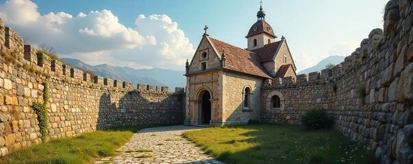 Serene Ancient Church within Medieval City Walls A Peaceful View of Aged Stone Architecture Evoking History, Faith, and Resilience