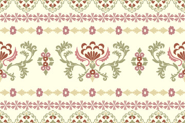 Seamless vintage ikat vector pattern with pink floral elements, ideal for hem of cloth, wedding invitations and greeting cards