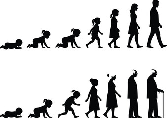 Human life stages silhouette progression from infancy to old age, illustrating growth, development, aging, and the complete journey of a person's lifespan and evolution.