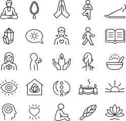 Fototapeta premium Collection of simple line art icons representing wellness meditation yoga spirituality and self care practices for a healthy lifestyle