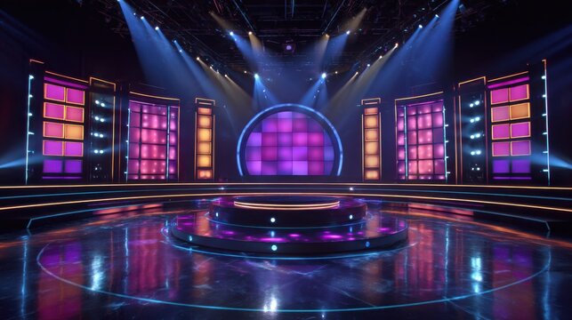 Modern game show stage with circular screen and illuminated platforms