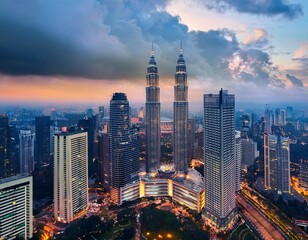 Fototapeta premium modern skyscrapers under thick clouds before nightfall kuala lumpur malaysia