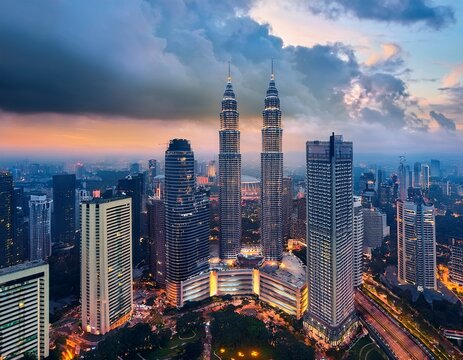 modern skyscrapers under thick clouds before nightfall kuala lumpur malaysia