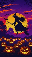 Flying Witch and Jack-o’-Lanterns Vertical Poster