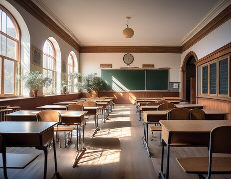 natural light fills a vintage classroom highlighting wooden desks and a chalkboard