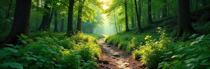 Winding Forest Path A Sun-Dappled Summer Adventure into Lush Green Foliage. Explore a Rocky, Uneven Trail Inviting Quiet Exploration and Discovery in Untamed Wilderness.