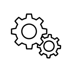 Two interlocking gears in minimalist black line art style  