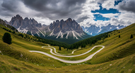 Winding mountain road through green alpine meadow with dramatic Dolomites peaks in background. Panoramic landscape of Italian Alps under cloudy sky