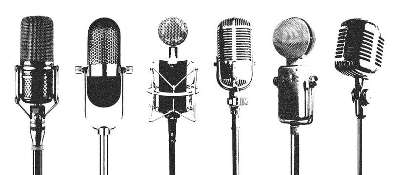 Assorted vintage microphones mics showcase classic retro pop art style. Ideal for music, podcasts, broadcast, and retro design projects.