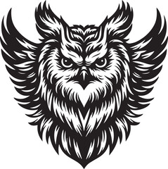 Majestic Owl Head with Extended Wings Detailed Ink Sketch