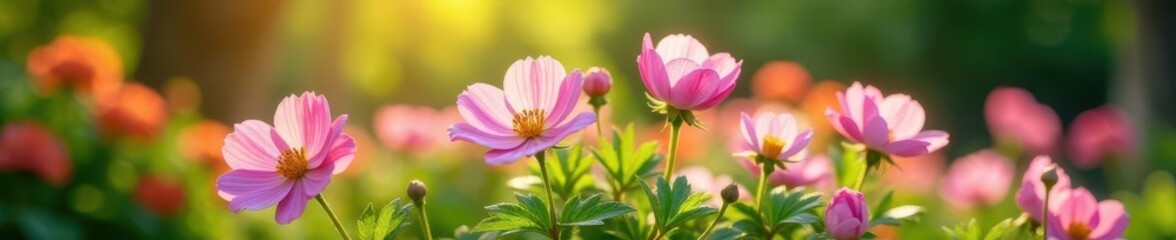 Fototapeta premium Delicate pink flowers in a garden bed with lush greenery and sunlight filtering through leaves, pink chia flowers, flower blooms, nature photography