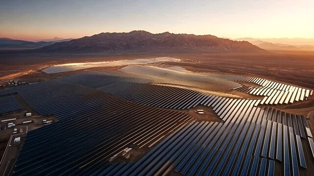 Aerial view of expansive solar farm at sunset, reflecting light on water, with mountains in background