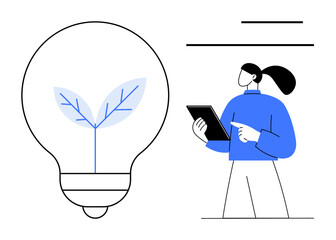 Woman holding tablet next to light bulb containing a plant, symbolizing sustainable ideas. Ideal for technology, innovation, green energy, education, creativity, eco-solutions, simple landing page