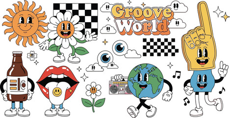 Fototapeta premium Retro cartoon characters groovy world vintage design trendy vector elements
