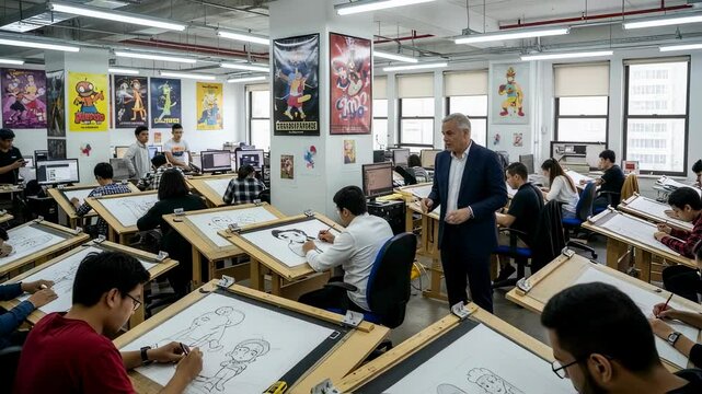 Diverse students learning architecture at drafting tables in classroom. Teacher supervising design projects. Future architects developing skills for urban planning and building design.