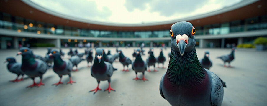 Flock of pigeons gathering in a plaza with one pigeon curiously pecking towards the lens