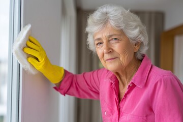 Woman cleaning paint stains, wearing pink shirt, yellow gloves, holding duster, gentle expression. Concept of woman cleaning paint stains, janitorial scene, warm and inviting mood.