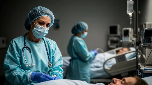 Dedicated female doctor in protective gear at hospital intensive care unit. Medical professional caring for patient. Healthcare worker during pandemic crisis.