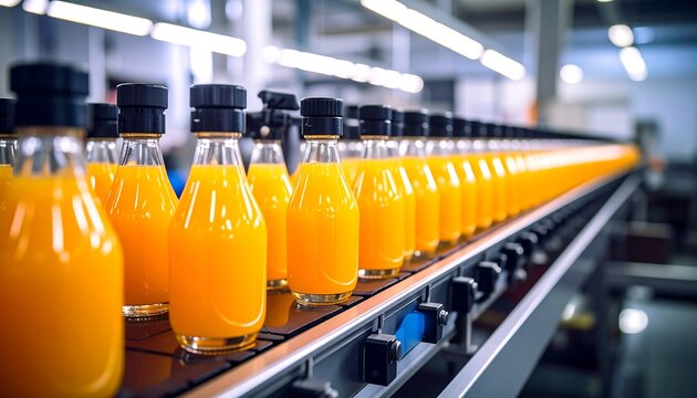 Orange juice bottles on a conveyor belt