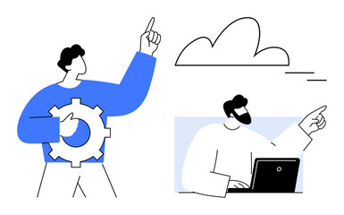 Team member holding gear gestures upward, colleague at laptop points toward the cloud. Ideal for teamwork, cloud computing, innovation, brainstorming, strategy, collaboration problem-solving. Simple