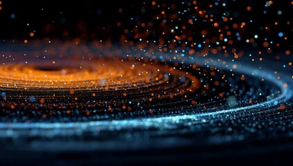 3D render, an abstract futuristic background with glowing blue and orange dots on a black surface forming a circular shape Generative AI