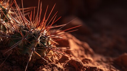 Close up of a barrel cactus with long orange spines growing on a red rocky desert landscape ground