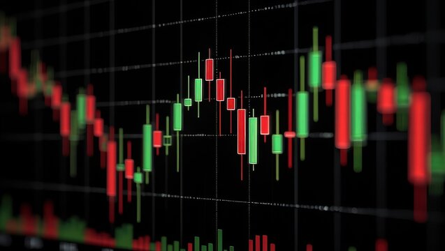 Green and red candlesticks rise and fall on a digital trading chart showcasing market fluctuations during an active trading session. The background grid adds depth to the analysis.