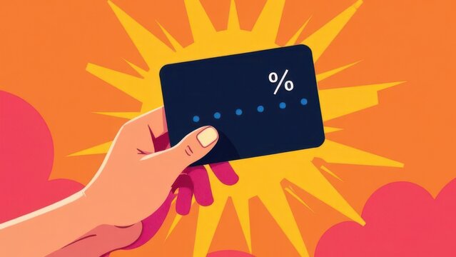 In a vibrant landscape filled with bold colors a hand holds a discount card against a backdrop of sunshine and fluffy clouds evoking feelings of excitement and opportunity.