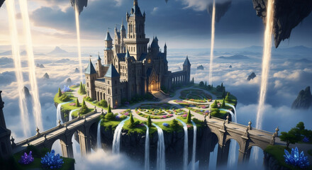 Magical floating castle with waterfalls in fantasy world. Enchanted kingdom in sky. Fairy tale landscape for book cover, game design, or wallpaper. Dreamlike scenery with space.
